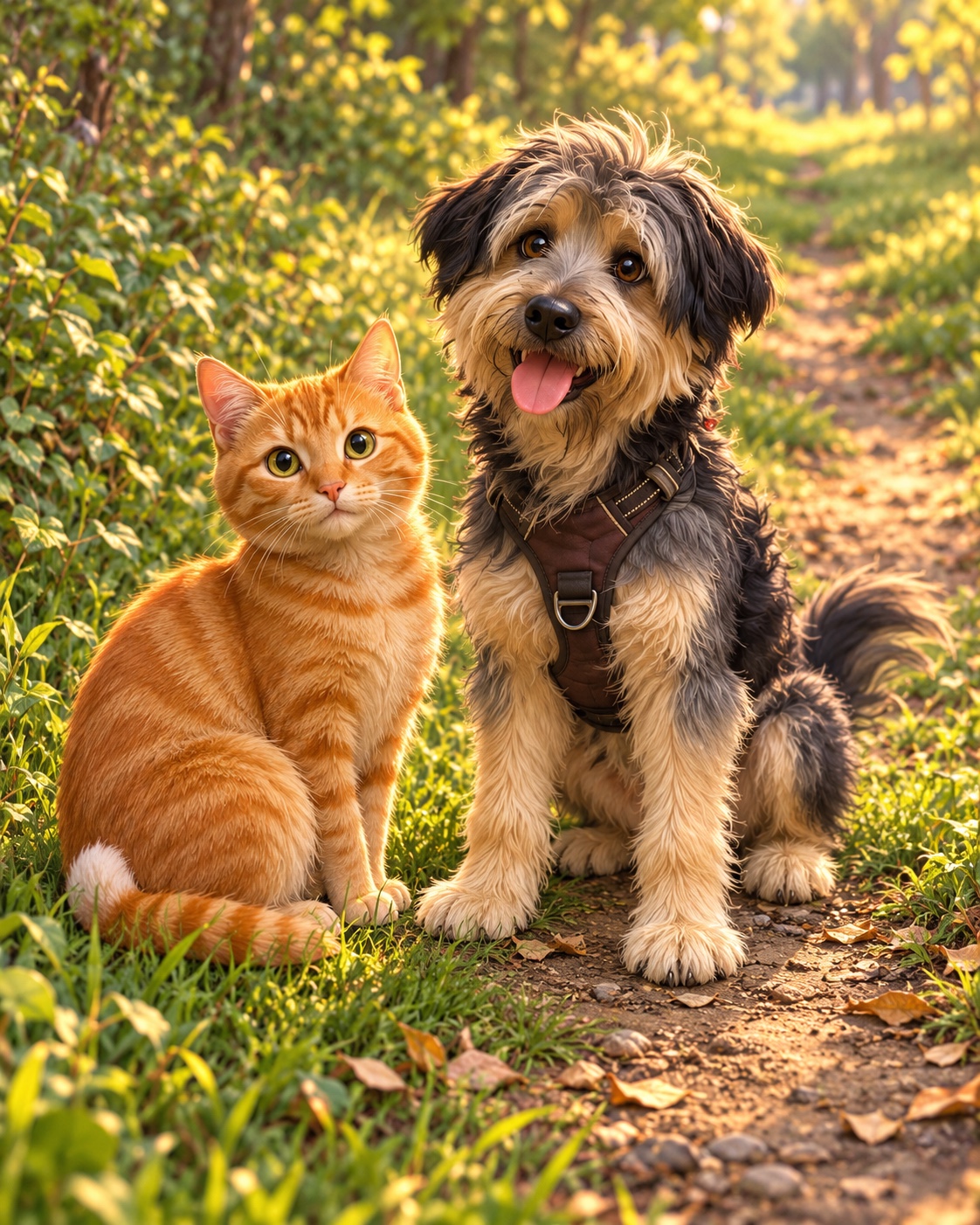 Un chat roux et un chien noir et beige, côte à côte sur un chemin ensoleillé